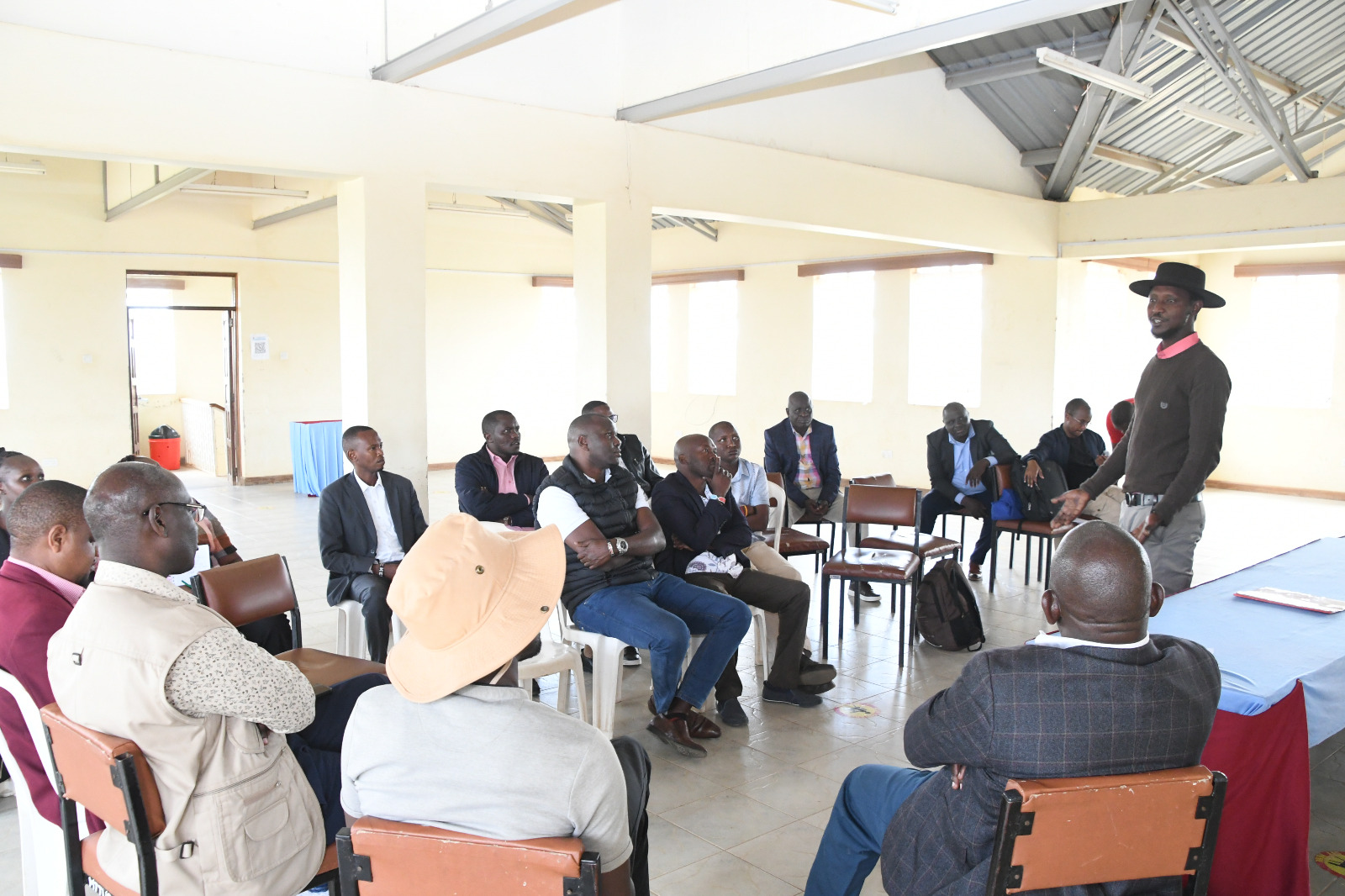 Eliot Raria of Nasaru Olosho conservancy in Mashuru sub-county Kajiado county giving his views at Masai Technical Training Institute, during a stakeholders’ engagement session on development of the inaugural strategic plan for the Wildlife Conservation Trust Fund